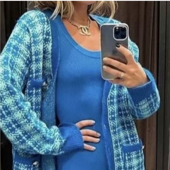 New Zara Blue Plaid Knit Long Cardigan/Jacket - Picture 5 of 7